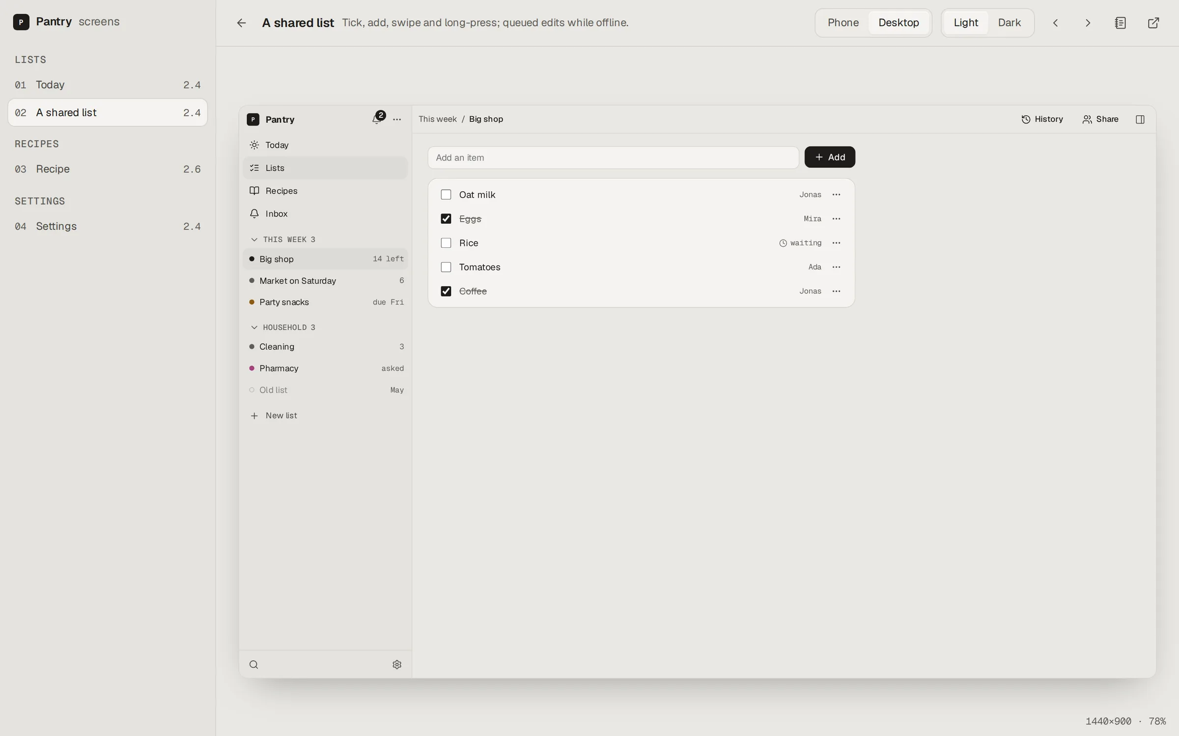 The Blueprint screen viewer showing a shared shopping list from the sample app at desktop size, with the list of screens on the left