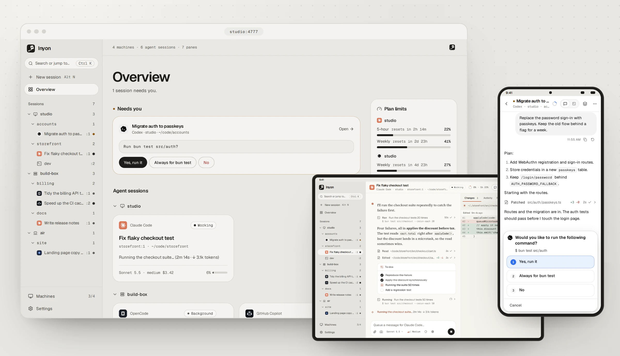 Inyon on a desktop, a tablet and a phone: the overview of every agent session across four machines, a Claude Code session read as a chat, and Codex asking to run the tests