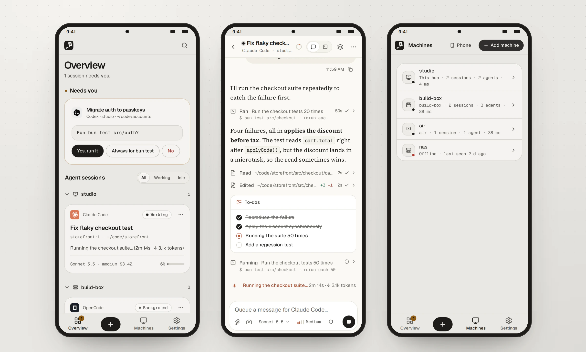 Three phones: the overview with a Codex prompt waiting for an answer, a Claude Code session as a chat with its to-do list, and the Machines page with four machines, one offline