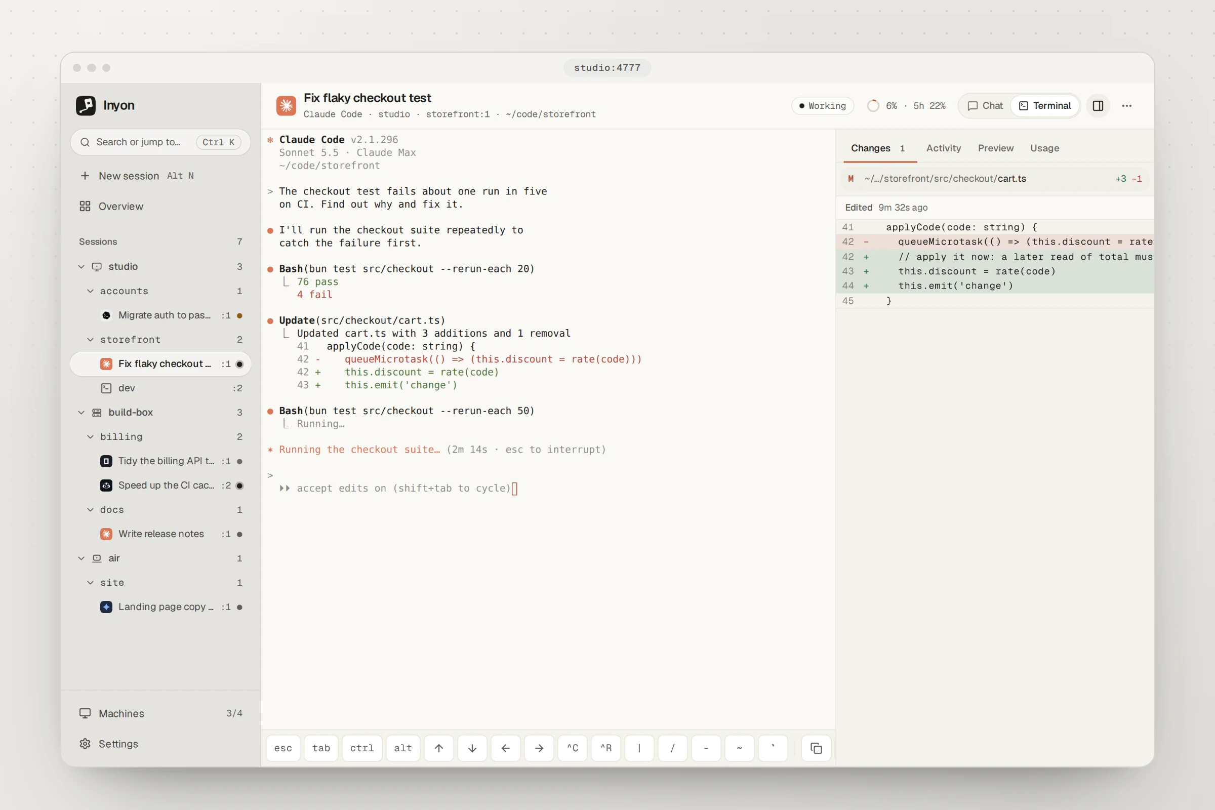 A desktop browser showing a Claude Code session's terminal, with the sidebar of machines and sessions on the left and the edited file's diff on the right